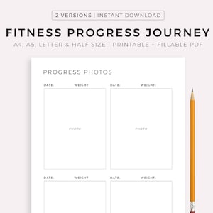 Fotos do progresso da jornada fitness, transformação corporal antes e depois, metas de condicionamento físico, A4/A5/Carta/Meio, download instantâneo de PDF