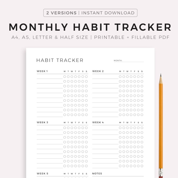Monthly Habit Tracker Printable, Habit Tracker Template, Routine Tracker, Goal Tracker A4/Letter/A5/Half, Instant Download PDF