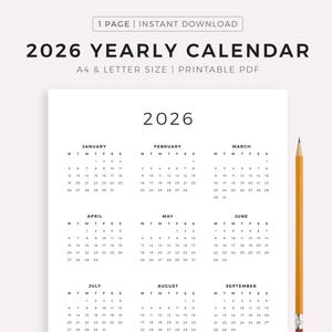 2026 Year Calendar Printable, Yearly Wall Calendar, Desk Calendar, Sunday & Monday Start, Minimalist Calendar, A4/Letter, Vertical
