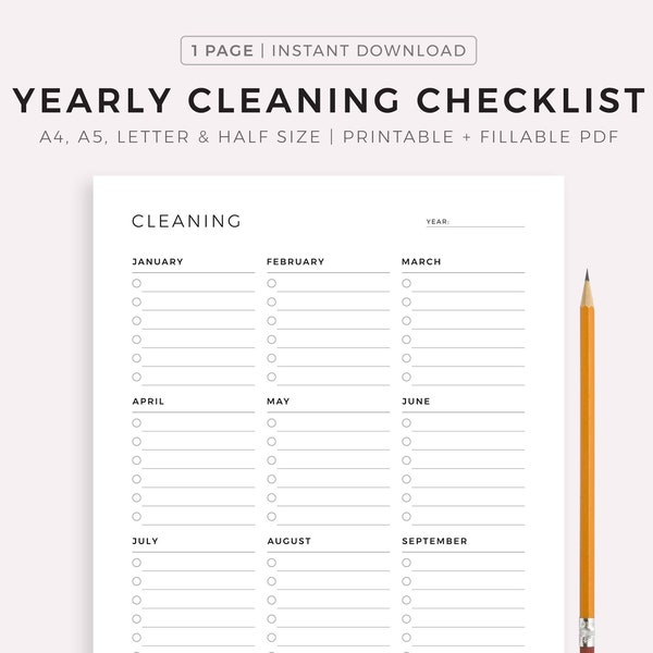 Yearly Cleaning Checklist Printable, Cleaning Task List, Cleaning Reminder, Simple Cleaning Template, A4/A5/Letter/Half, Instant Download