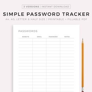 Simple Password Tracker, Password Keeper, Password Organizer, Password Log, A4/A5/Letter/Half, Printable & Fillable PDF, Instant Download