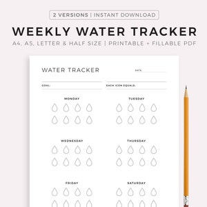 Wekelijkse watertracker Afdrukbaar, hydratatietracker, wateropname, waterherinnering drinken, waterdagboek, A4/A5/Letter/Half, Instant Download