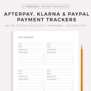 AfterPay, Klarna & Paypal Tracker druckbare und ausfüllbare PDF-Datei, Online Shopping Zahlung fällig Vorlage, Jetzt kaufen später zahlen Tracker, Haushaltsplan