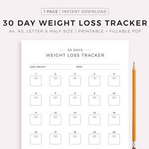 Afdrukbaar 30 dagen gewichtsverliestracker, gewichtsverliesuitdaging, gewichtsverliesdoel, gewichtsverliesdagboek, A4/A5/Letter/Half, pdf direct downloaden