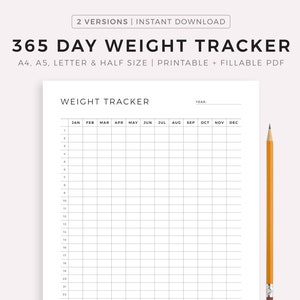 Gewichtstracker 365 dagen afdrukbaar en invulbaar, dagelijks gewichtsdagboek, gewichtsverliestracker, gewichtslogboek, A4/A5/Letter/Half Size, Instant Download