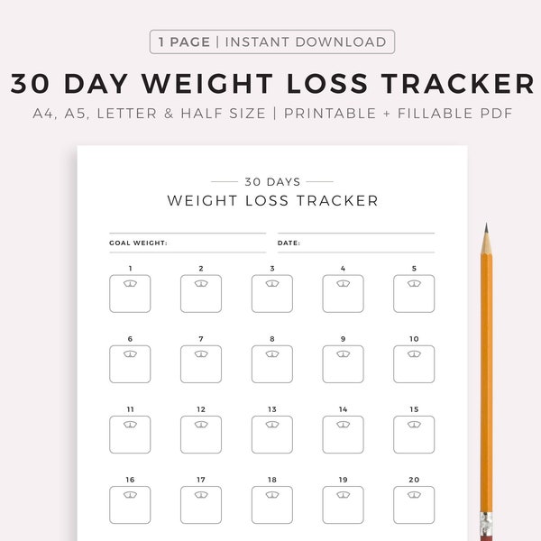 30 Day Weight Loss Tracker Printable, Weight Loss Challenge, Weight Loss Goal, Weight Loss Journal, A4/A5/Letter/Half, Instant Download PDF