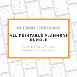 Paquete de planificadores imprimibles: diarios, semanales, mensuales, anuales y más, en formato A4, A5, carta y media carta.
