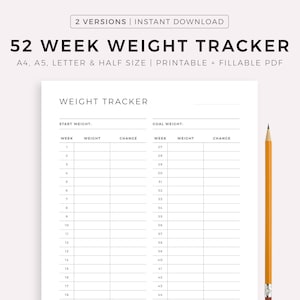 52 Week Weight Tracker Printable & Fillable, Weight Loss Tracker, Weight Log, Weight Journal, A4/A5/Letter/Half Size, Instant Download PDF