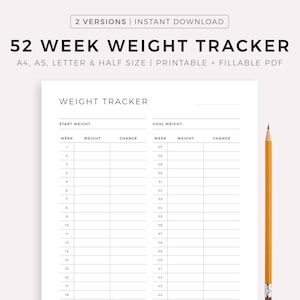 Afdrukbaar en invulbaar gewichtstracker voor 52 weken, gewichtsverliestracker, gewichtslogboek, gewichtsdagboek, A4/A5/Letter/Half Size, pdf-bestand direct downloaden