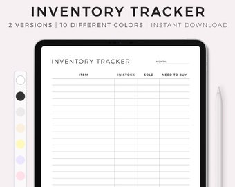 May include: A digital inventory tracker template for iPad and tablet. The template has columns for item, in stock, sold, and need to buy. The template is designed for use with a stylus.