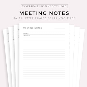 Plantillas imprimibles de notas de reunión sencillas, actas de reunión, notas de trabajo, notas de oficina, notas de proyecto, A4/A5/carta/media, descarga instantánea en PDF.