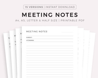 Simple Meeting Notes Printable Templates, Meeting Minutes, Work Notes, Office Notes, Project Notes, A4/A5/Letter/Half, Instant Download PDF