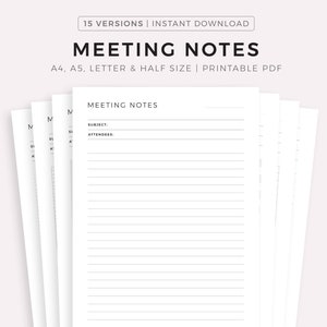 Simple Meeting Notes Printable Templates, Meeting Minutes, Work Notes, Office Notes, Project Notes, A4/A5/Letter/Half, Instant Download PDF