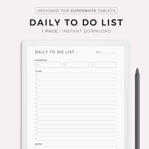 May include: A black and white printable daily to-do list designed for Supernote tablets. The list includes sections for priorities, to-do items, and notes. The text "DAILY TO DO LIST" is at the top of the page.