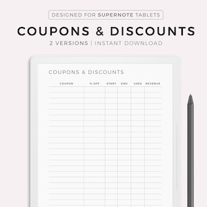 Könnte beinhalten: Ein druckbarer Coupon- und Rabatt-Tracker für Supernote-Tablets. Der Tracker enthält Spalten für Coupon-Code, Rabattprozentsatz, Startdatum, Enddatum, Verwendungen und Umsatz.