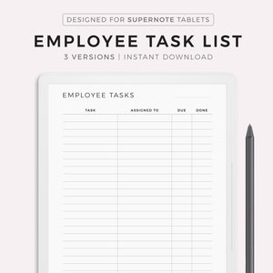 May include: A white digital tablet with a black screen displaying a printable employee task list template. The template has columns for task, assigned to, due date, and done. The tablet is on a white background with a black stylus next to it.