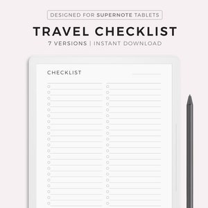 Pode incluir: Uma lista de verificação de viagem imprimível branca com um título preto "TRAVEL CHECKLIST" e o texto "7 VERSIONS | INSTANT DOWNLOAD" abaixo. A lista de verificação é dividida em duas colunas com caixas de seleção e linhas para escrever. O texto "CHECKLIST" está no topo da página. O texto "MYLIFEPLANS" está na parte inferior da página. O texto "MADE BY MYLIFEPLANS ON ETSY" está na parte inferior da página.