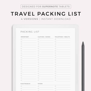 Pode incluir: Uma lista de embalagem imprimível para viagens, projetada para tablets Supernote. A lista é dividida em quatro categorias: Importante, Roupas/Sapatos, Artigos de higiene pessoal/Saúde e Eletrônicos/Outros. Cada categoria tem uma coluna de caixas de seleção.