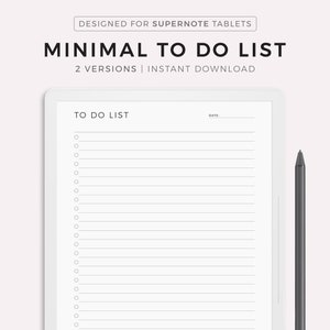 May include: A white digital planner with the text "TO DO LIST" and "DATE" at the top. The planner has a gray border and is designed for Supernote tablets. The text "MINIMAL TO DO LIST" and "2 VERSIONS | INSTANT DOWNLOAD" is at the top of the image. The text "MADE BY MYLIFEPLANS ON ETSY" is at the bottom of the image.