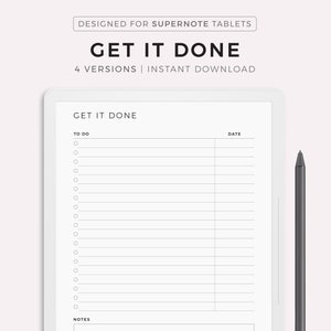 Peut inclure: Un bloc-notes numérique blanc avec le texte "GET IT DONE" en haut. Le bloc-notes comporte une liste de tâches avec des cases à cocher et une section de notes. Le texte "DATE" est en haut de la liste de tâches.