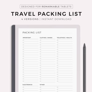 Pode incluir: Uma lista de embalagem imprimível em preto e branco para viagens. A lista é dividida em quatro seções: Importante, Roupas/Sapatos, Artigos de higiene pessoal/Saúde e Eletrônicos/Outros. Cada seção tem uma coluna para os itens e uma coluna para as caixas de seleção.