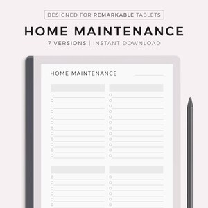 May include: A printable home maintenance checklist designed for use with a Remarkable tablet. The checklist is divided into two columns with blank lines for writing tasks. The text "HOME MAINTENANCE" appears at the top of the checklist.