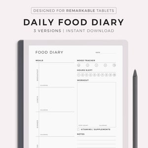 May include: A black and white printable daily food diary template designed for use with a Remarkable tablet. The template includes sections for meals, mood tracker, hours slept, workout, step count, vitamins and supplements, notes, and water intake.