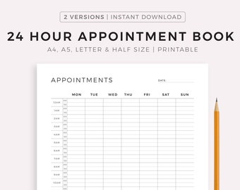 24 Hour Appointment Book Printable, Appointment Reminder, Meeting Tracker, Week At a Glance, A4/A5/Letter/Half Size, Instant Download PDF