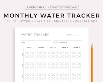 Monthly Water Tracker Printable, Hydration Tracker, Water İntake, Drink Water Reminder, Water Journal, A4/A5/Letter/Half, Instant Download