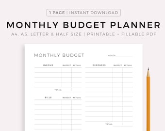 Monthly Budget Planner Printable & Fillable PDF, Budget Tracker Template, Finance Overview, A4/A5/Letter/Half,  Instant Download