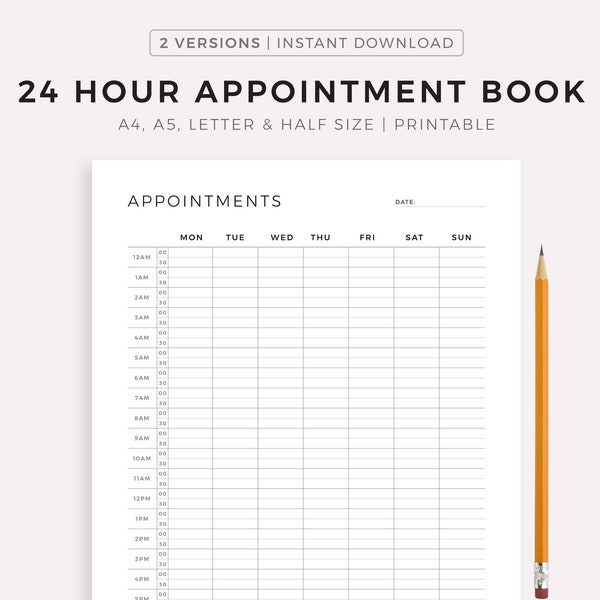 24 Hour Appointment Book Printable, Appointment Reminder, Meeting Tracker, Week At a Glance, A4/A5/Letter/Half Size, Instant Download PDF