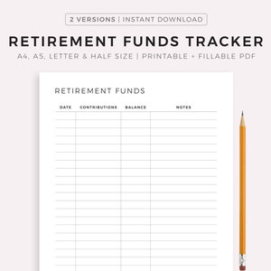 Retirement Funds Tracker Printable & Fillable, Savings Planner, Contribution Tracker, Financial Planner, A4/A5/Letter/Half, Instant Download