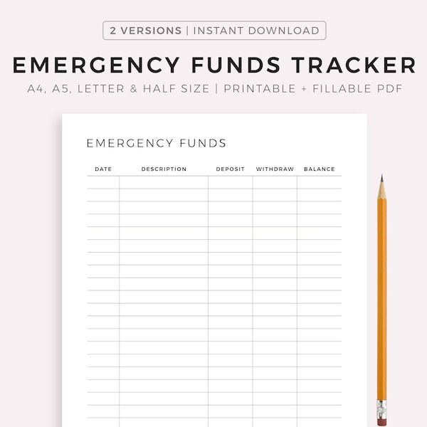 Emergency Funds Tracker Printable, Rainy Day Savings Tracker, Financial Planner, A4/A5/Letter/Half Size, Instant Download PDF