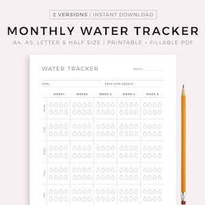 Registro de agua mensual imprimible, registro de hidratación, consumo de agua, recordatorio de beber agua, diario de agua, tamaño A4/A5/carta/media página, descarga instantánea