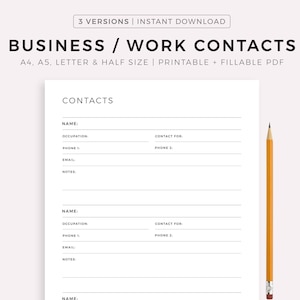 Kontakty biznesowe/pracownicze Szablon do wydruku i wypełnienia w formacie PDF, A4/A5/Letter/Half Size, natychmiastowe pobranie