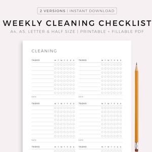 Printable Weekly Cleaning Checklist, Cleaning To Do List, Cleaning Tasks, Cleaning Template, A4/A5/Letter/Half Size, Instant Download PDF