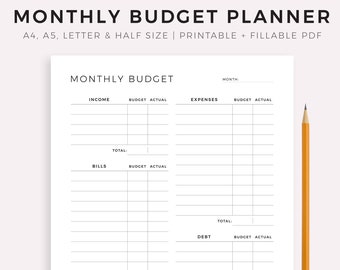 Monthly Budget Planner Printable & Fillable PDF, Budget Tracker Template, Finance Overview, A4/A5/Letter/Half,  Instant Download