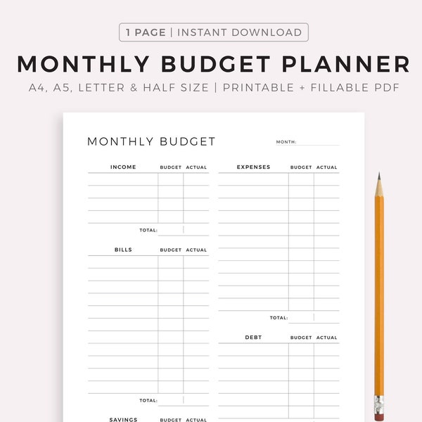 Monthly Budget Planner Printable & Fillable PDF, Budget Tracker Template, Finance Overview, A4/A5/Letter/Half,  Instant Download