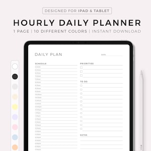 May include: A digital daily planner template for iPad and tablet. The planner has a white background with black text and includes sections for schedule, priorities, to do, and notes. The template is available in 10 different colors.