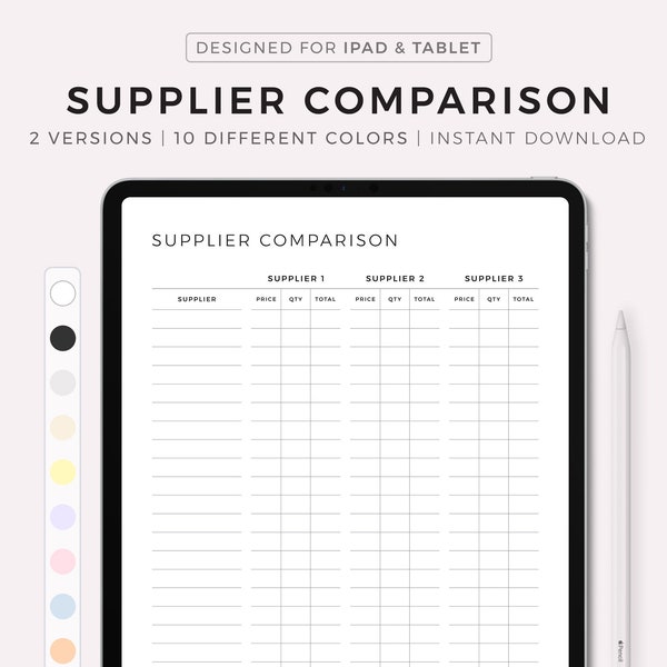 Supplier Comparison Digital Template, Compare Suppliers for Small Business, Product Supplier Cost Comparison, iPad, Goodnotes, Notability