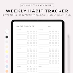Puede incluir: Un rastreador de hábitos semanal digital para iPad y tableta. El rastreador tiene cinco semanas, con columnas para cada día de la semana, y una sección de notas. El rastreador está diseñado en un estilo minimalista con texto negro sobre fondo blanco.