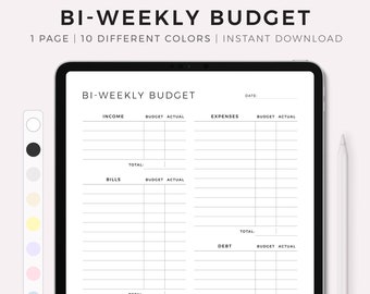 Könnte beinhalten: Ein zweiwöchiger Budgetplaner auf einem Tablet-Bildschirm. Der Planer enthält Abschnitte für Einkommen, Ausgaben, Rechnungen, Ersparnisse, Schulden und eine Zusammenfassung. Der Planer ist für die Verwendung auf iPad und Tablet konzipiert und in 10 verschiedenen Farben erhältlich.