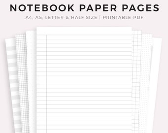 Notebook Paper Pages Printable, A4/A5/Letter/Half Size, Instant Download PDF