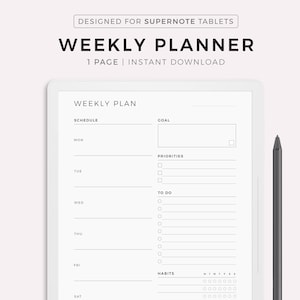 May include: A digital weekly planner for Supernote tablets. The white planner features sections for schedule, goals, priorities, to-do lists, habits, and a score section. A black stylus rests on the right side. Text includes "WEEKLY PLANNER" and "INSTANT DOWNLOAD".