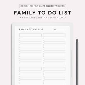 May include: A printable family to-do list template designed for Supernote tablets. The template has two columns with checkboxes and lines for writing tasks. The text "FAMILY TO DO LIST" is at the top of the template. The text "DATE" is at the top right corner of the template. The text "MYLIFEPLANS" is at the bottom of the template. The text "MADE BY MYLIFEPLANS ON ETSY" is at the bottom of the template.