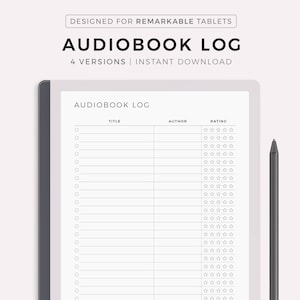 Op de afbeelding: Een zwart-witte, afdrukbare audiobook-logboek voor gebruik met een digitale tablet. De logboek heeft kolommen voor titel, auteur en beoordeling. De beoordelingskolom heeft een rij van vijf sterren voor elke vermelding.