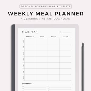 Wöchentlicher Mahlzeitenplaner, 7 Tage Menüplaner, Menüplaner, Menüplaner, Menüplaner, Kompatibel mit Remarkable 2, Sofort Download