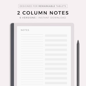 Página de notas de 2 columnas para Remarkable 2, plantilla de notas, papel para escribir, planificador de notas, descarga instantánea