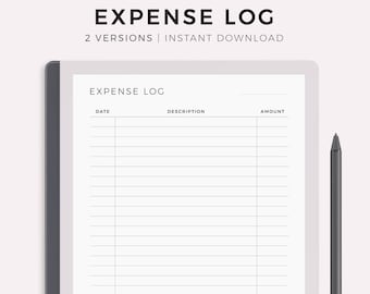 Puede incluir: Una plantilla de registro de gastos imprimible en blanco y negro diseñada para usar con una tableta Remarkable. La plantilla tiene columnas para la fecha, la descripción y el importe. El texto "EXPENSE LOG" está en la parte superior de la plantilla. El texto "TOTAL" está en la parte inferior de la plantilla.