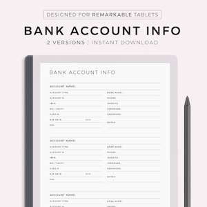 Bankgegevenstracker, bankrekeninglogboek, bankgegevens, compatibel met Remarkable 2, direct downloaden